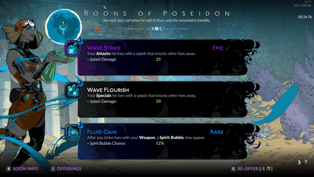 A boon selection screen from Hades II, where our character can pick one of three random upgrades.