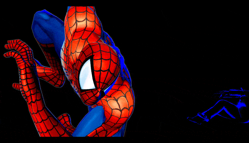 Gif of Spider-Man from MVC3 using his super move, but a new word like "Skill issue" appears with each hit.